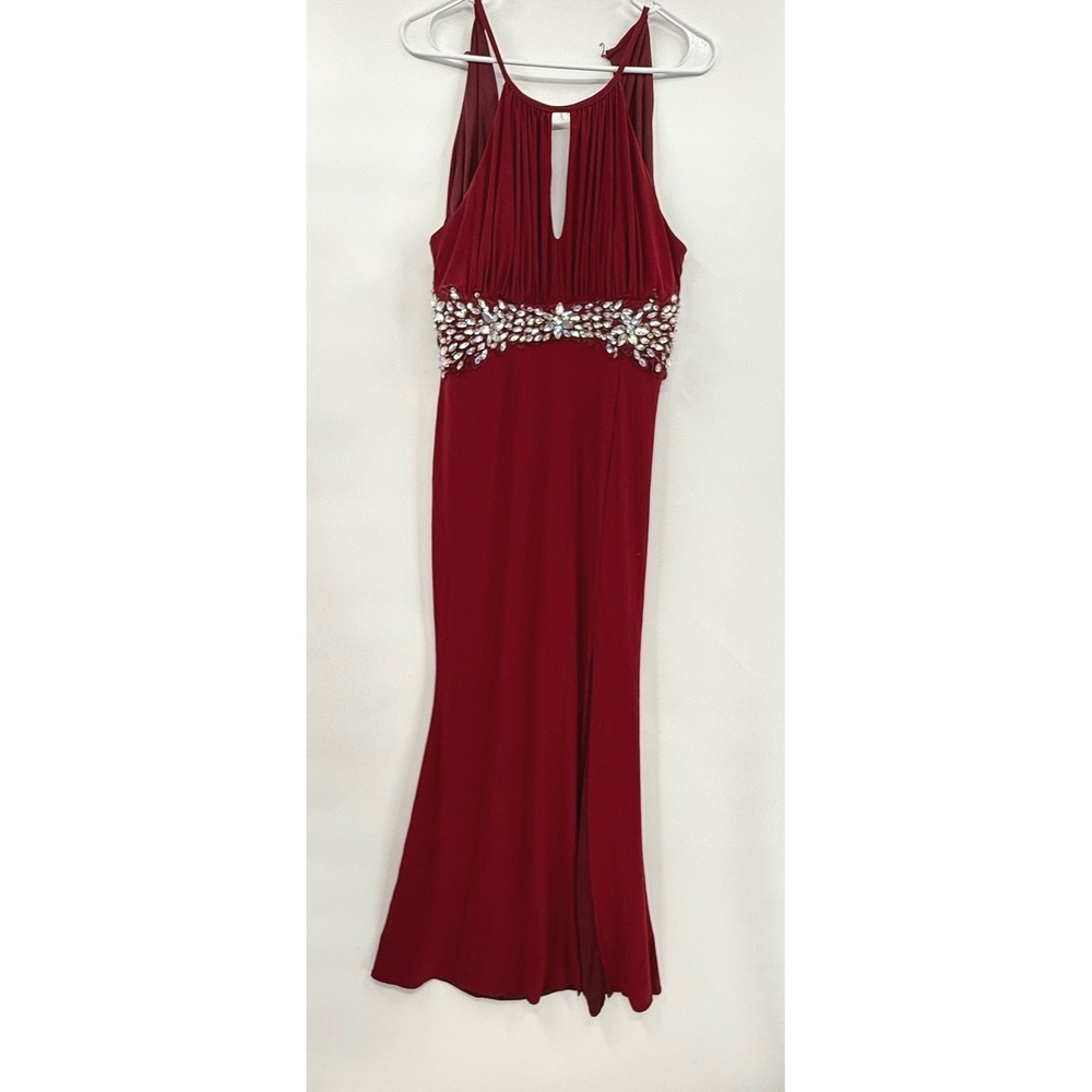 Juno Dress Collection L Maxi Gown Womens Burgundy Rhinestone Halter Slit Formal